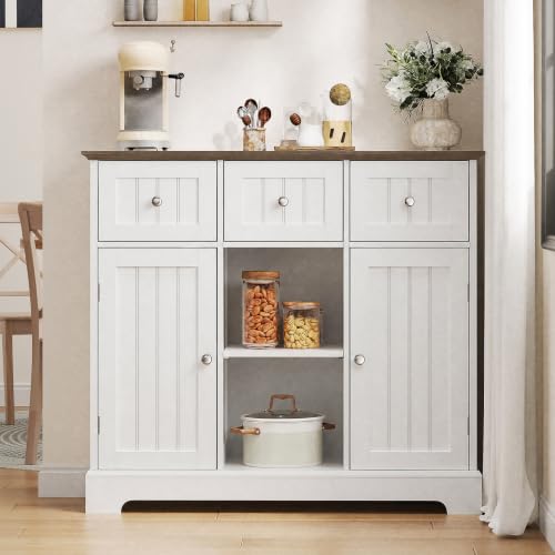 ChooChoo 35.4" Coffee Bar Cabinet with 3 Drawers and 2 Doors, White & Brown | Buffet Cabinet with Adjustable Shelves, Storage Cabinet for Compact Kitchens, Dining rooms and Living rooms - color: White & Brown