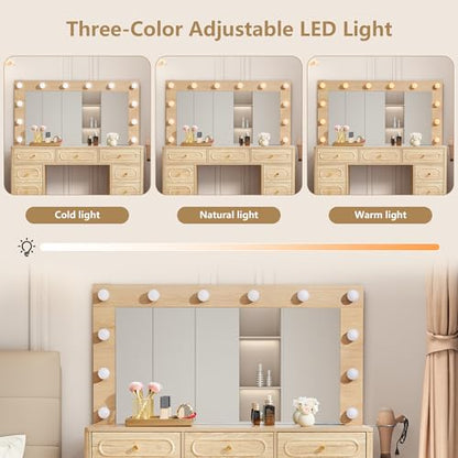 Fluted Vanity Desk with Mirror and Lights, Power Outlets, Modern Wood Vanity Desk Makeup Table with 11 Drawers, 3 Color Modes Dressing Table with Storage for Bedroom, Living Room, Natural - style: Natural