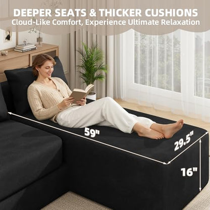 Boneless Sectional Couch, 4 in 1 Convertible Cloud Couch with Reversible Chaise & Deep Seat, Modular Sectional Sofa for Apartment, No Assembly Chenille Foam Couch in a Box, Black - color: Black, size: 89" Convertible Chaise Chenille