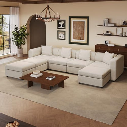 Miuuod 7 Seater Oversized Modular Sectional Sofa L Shape Convertible Couch with 3 Ottomans Deep Seat Upholstered Sleeper Sofa with Hidden Storage Family Living Room Furniture Beige - color: Beige, style: 7 Seats（4 Seats with 3 Ottomans）