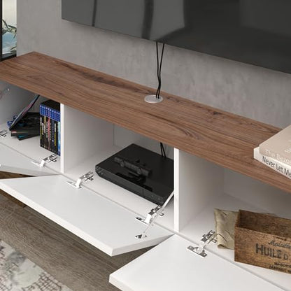 Floating TV Stand Glossy White for 65-80 Inch TV, 63" Wall Mounted TV Stand with Storage, White and Wood Floating Entertainment Center with Cable Management, Floating Media Console for Living Room - color: Wood Like