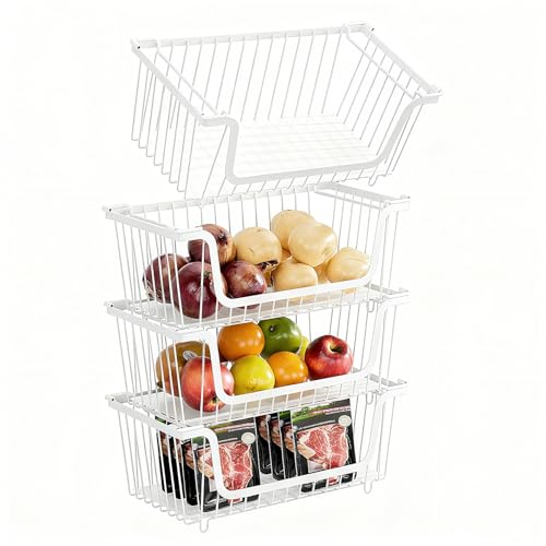 4 Pcs Stackable Wire Baskets for Pantry Organizers and Storage, | Vegetable Fruit Basket for Countertop,Kitchen Storage Metal Baskets,Produce Potato Onion Storage Bin,White - color: 1-White