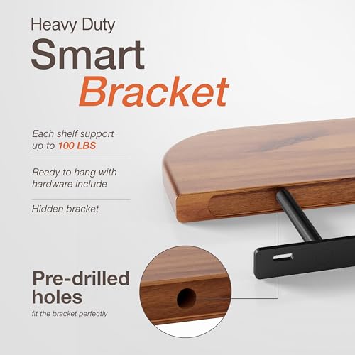 BATODA 17" Acacia Wood Floating Shelves Wall Mounted (Round Edge) – Rustic Farmhouse Wooden Wall Storage Shelf for Bedroom, Kitchen - Brackets and Shelving Hardware Included (Acacia Color) | Safe Round Edges, 100 lb Capacity, Hidden Brackets, Complete Har