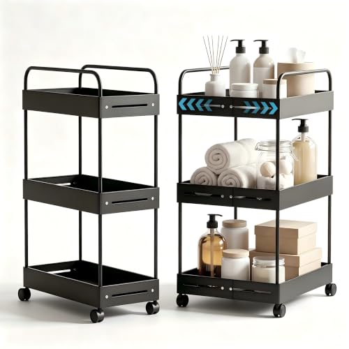 Extendable 3 Tier Heavy Duty Metal Utility Cart for Bath, Black | Adjustable Storage Slim Cart | with 360° Swivel Wheels Cart | Detachable | Perfect for Laundry, Kitchen, Office, Garage - color: Black