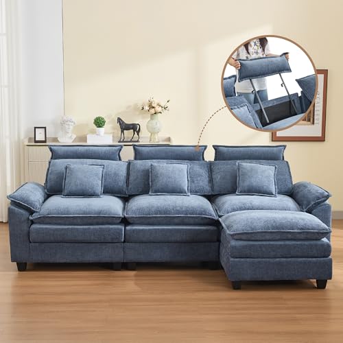 103'' Cloud Modern 3 Seater Couch with Detachable Headrest, Modular Sectional Sofa with Ottoman, Oversized L Shape Chenille Comfy Sofa with Armrests for Living Room, Blue - color: Blue, size: L Shaped Couch