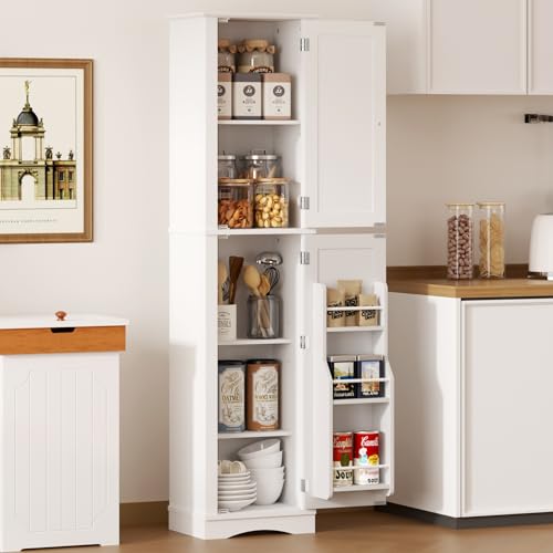 Function Home 높은 욕실 보관 캐비닛, 162.6cm(64인치) 슬림 주방 식료품 저장실, 도어 수납 공간이 있는 좁은 목재 독립형 캐비닛, 조절 가능한 선반이 있는 주방 거실 다이닝룸용, 화이트 - color: 화이트., size: 15.8"Wx11.81"Dx64"H