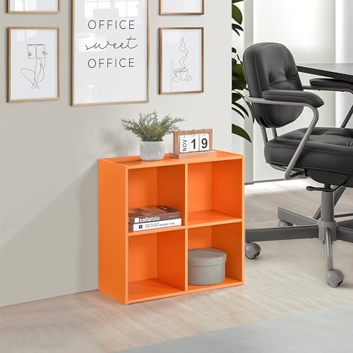 Kings Brand Furniture George 4-Cube Storage Organizer, 2-Tier Bookcase with Wood Shelves for Living Room, Bedroom, Nursery, or Home Office (Orange) - color: Orange