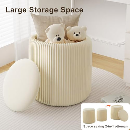 Beige Ottoman with Storage Set of 2, Upholstered Velvet Vanity Stool, Comfy Round Makeup Vanity Stools, Large Storage Ottoman Foot Rest, Pouf Seat for Living Room/Bedroom - color: Beige