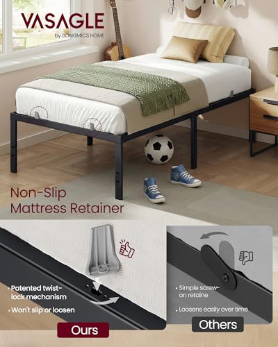 VASAGLE Twin Metal Bed Frame 18 Inches Tall, 550 lb Weight Capacity, No Box Spring Needed, with Under-Bed Storage, Easy Setup, Heavy-Duty Platform Bed, Mattress Retainers, Matte Black URMB673BD02S - size: Twin, style: 18 Inch