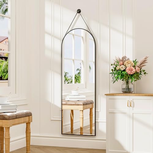 48"x16" Hanging Mirror with Leather Strap,Arched Full Length Mirror with Aluminum Frame Wall-Mounted Hanging Mirrors for Bathroom Vanity Living Room Bedroom Entryway Décor, Black - color: Black, size: 48"L x 16"W