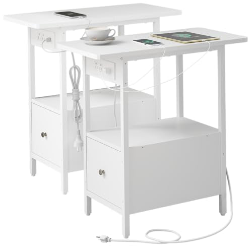 LIDYUK End Table with Charging Station, Narrow Side Table with Drawer | Equipped with USB Ports & Power Outlets, Nightstand Bedside Tables for Small Spaces, Bedroom, Living Room, White - color: White, size: Pack of 2