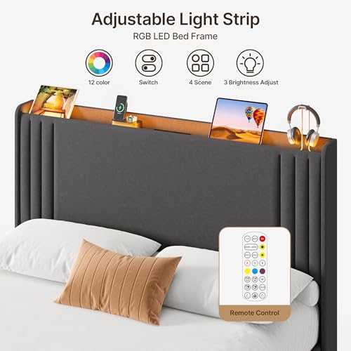 Gizoon Queen Bed Frame with Charging Station and LED Lights | Upholstered Wingback Platform Bed with Padded Headboard,Wooden Slats,Noise-Free,No Box Spring Needed, Easy Assembly,Dark Grey - color: Dark Grey+led, size: Queen