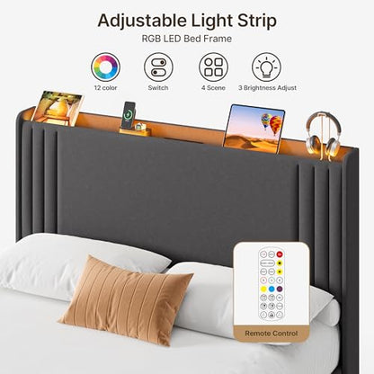 Gizoon Queen Bed Frame with Charging Station and LED Lights | Upholstered Wingback Platform Bed with Padded Headboard,Wooden Slats,Noise-Free,No Box Spring Needed, Easy Assembly,Dark Grey - color: Dark Grey+led, size: Queen