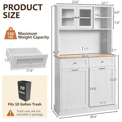 LOUVIXA 68.4" Kitchen Pantry Storage Cabinet, Freestanding Cupboard with Shelf, 2 Drawers and 1 Tilt Out Trash Cabinet, Tall Cabinets for Kitchen, Dinning Room, Living Room (White, Double Tilt) - color: White