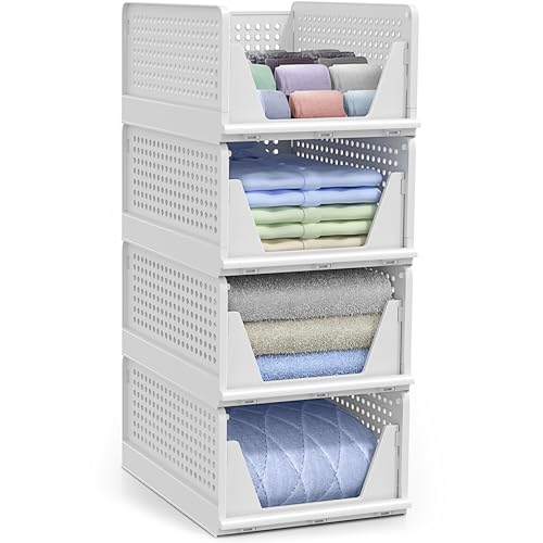 Sorbus 4 Pack Medium Shelf Organizer with Open Front Design Under Shelf for Closet Bathroom Kitchen Garage Plastic Stackable Storage Baskets - size: 4 Medium