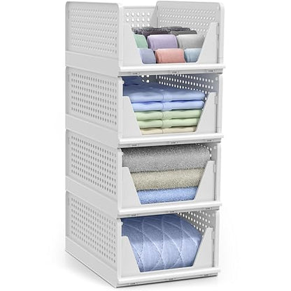 Sorbus 4 Pack Medium Shelf Organizer with Open Front Design Under Shelf for Closet Bathroom Kitchen Garage Plastic Stackable Storage Baskets - size: 4 Medium