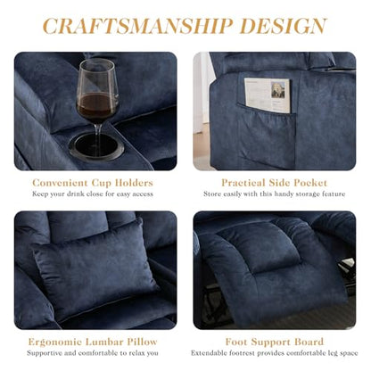 Loveseat Recliner Sofa,RV Wall Hugger Recliners for Small Spaces,Reclining Loveseat Sofa Recliner with Cup Holders/Lumbar Pillows,RV Furniture (Blue,56" 2-Seater) - color: Blue, size: 56" 2-Seater