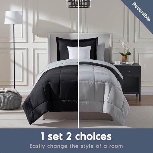 Nestl 5 Piece Twin Comforter Set – Black Reversible Bed in a Bag – Complete Twin Size Bedding Set with Sheets, Pillowcase and Sham - color: Black, size: Twin