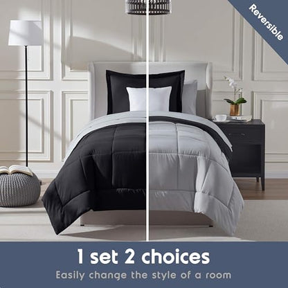 Nestl 5 Piece Twin Comforter Set – Black Reversible Bed in a Bag – Complete Twin Size Bedding Set with Sheets, Pillowcase and Sham - color: Black, size: Twin