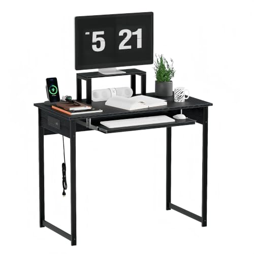ALISENED Computer Desk with Keyboard Tray and Monitor Stand, 37.5 Inch Small Desk with Power Outlets & USB Ports for Bedroom Home Office, Compact Gaming Desk Shelf, Black (Black, 37.5") - color: Black, size: 37.5"