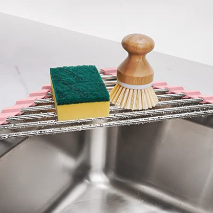 Tomorotec Triangle Foldable Dish Drying Rack, Small Roll-Up Stainless Steel Over Sink Drainer for Kitchen Sink Corner, Rustproof Multipurpose Organizer(Pink) | BPA-Free Food-Grade Silicone Edges Foldable Waterproof Rustproof Heavy-Duty Space Saver Heat Re