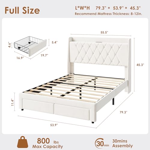Garvee Full Size Bed Frame with Storage, Velvet Upholstered Platform Bed Frame with Crystal Tufted Headboard, Charging Station, 2 Drawers, No Box Spring Needed, Noise-Free,for Bedroom, Ivory | Velvet Upholstered Platform Bed Frame with Crystal Tufted Head