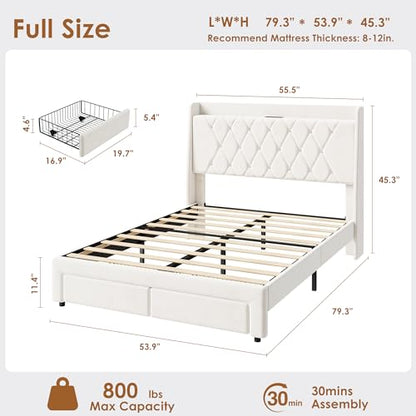 Garvee Full Size Bed Frame with Storage, Velvet Upholstered Platform Bed Frame with Crystal Tufted Headboard, Charging Station, 2 Drawers, No Box Spring Needed, Noise-Free,for Bedroom, Ivory | Velvet Upholstered Platform Bed Frame with Crystal Tufted Head