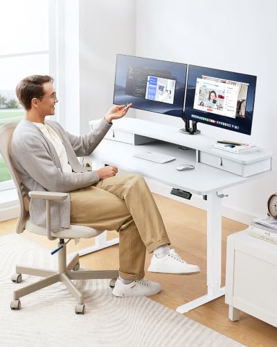 HUANUO 60″ x 30″ Electric Standing Desk with 2 Drawers, C-Clamp Mount Compatible, Height Adjustable Computer Desk, Home Office Stand Up Desk with 4 Preset Heights & 2 Hooks, White - color: White, size: 60" X 30"