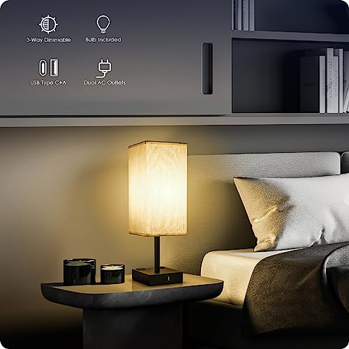 Bedside Table Lamps Set of 2 - Touch Nightstand Lamp for Bedroom with USB C+A Charging Ports & AC Outlets, 3-Way Dimmable Desk Lamp Flaxen Fabric Shade for Living Room Office(Bulb Included) - color: Flaxen