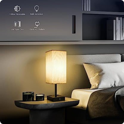 Bedside Table Lamps Set of 2 - Touch Nightstand Lamp for Bedroom with USB C+A Charging Ports & AC Outlets, 3-Way Dimmable Desk Lamp Flaxen Fabric Shade for Living Room Office(Bulb Included) - color: Flaxen