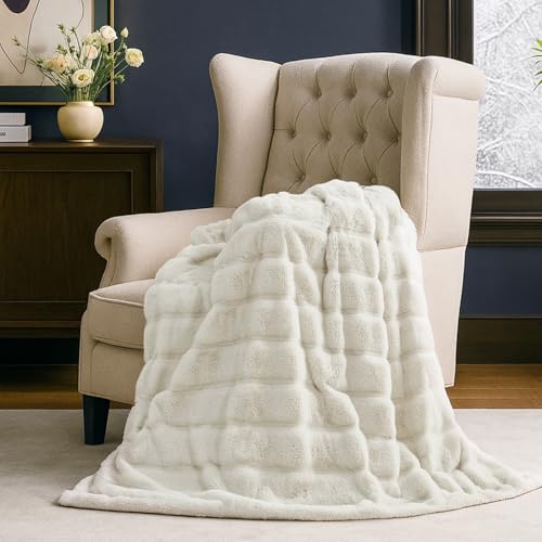 Cozy Bliss Deluxe Sheared Rabbit Faux Fur Throw Blanket, Soft Fuzzy High-Low Sculpted Plush Blanket for Couch, Cozy Home Accent, All Season Use, Beige 60"x80" - color: Stripe - Beige, size: Twin(60" x 80")