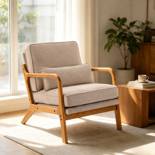 Karl home Mid-Century Modern Accent Reading Chair, Khaki | Chenille Upholstered, Solid Wood Frame, Soft Cushion, Lumbar Pillow, Lounge Armchair for Living Room, Bedroom, Balcony, Study - color: Chenille Khaki
