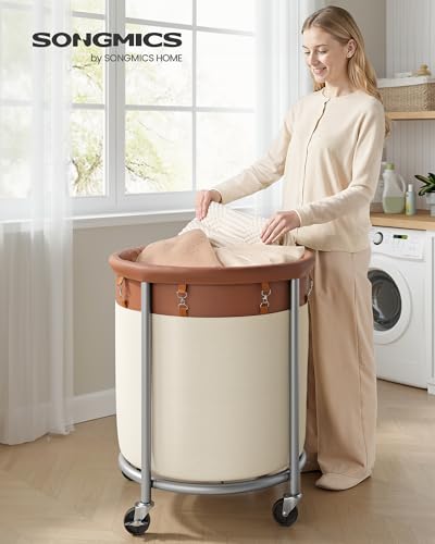 SONGMICS Laundry Basket, Rolling Steel Frame with 2 Locking Wheels, 190 L | Heavy-Duty Laundry Hamper Cart with Removable Bag, Coffee Brown and Cream White, URLS001KQ02 - color: Coffee Brown + Cream White, size: 190 L (1-Section)