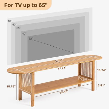 HollyHOME Bamboo TV Stand with Storage for TVs up to 65", Modern Entertainment Center with Rattan Side, Accent TV Table with 2 Shelf, Media Console TV Stand for Living Room, Bedroom, Burlywood - color: Rattan Side