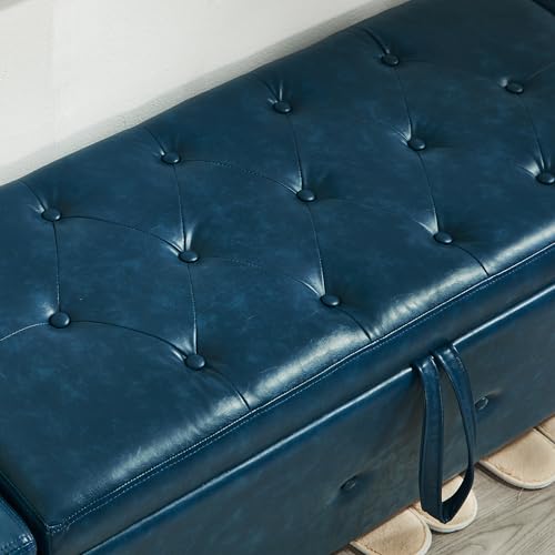 Storage Bench, 48‘’ Upholstered PU Leather Ottoman Bench with Button-Tufted, Folding Bedroom Bench with Wood Legs, Entryway Bench for Bedroom, Navy Blue - color: Navy Blue