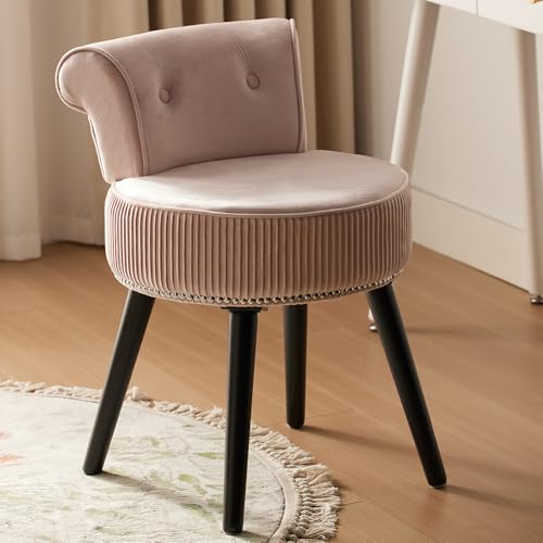 Vanity Chair with Back Pink, Velvet Stool with Low Backrest | Silver Nailhead Trim, Round Vanity Seat for Bedroom and Bathroom Makeup, Support 220lbs, Easy Assembly (Pink) - color: Pink