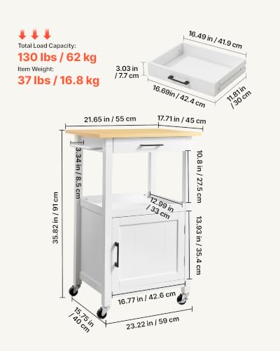 VEVOR Kitchen Island Cart with Single Door Cabinet, Mobile Carts with Drawer, Towel Rack, Hooks, Portable Table on Swivel Wheels, Small Coffee Islands Microwave Stand for Dining Room, 18x23 in, White - size: 17.72"D x 23.23"W x 35.83"H, style: Moveable 1