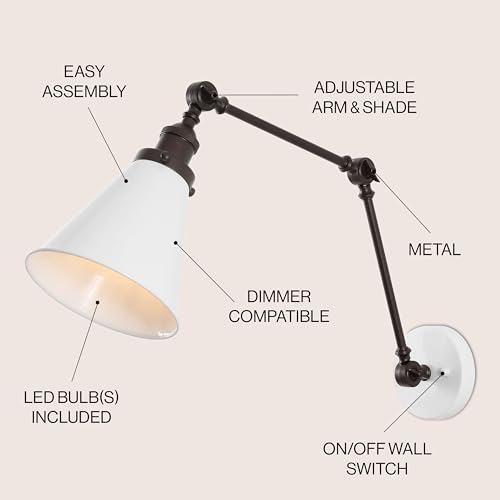 JONATHAN Y Rover 1-Light Wall Sconce 7", White/Oil Rubbed Bronze | Adjustable Arm, Hardwired Bedside Reading Swing Arm, Farmhouse Cone Shade, Metal Hardwired Indoor Fixture, LED Bulbs Included - color: White/Oil Rubbed Bronze, size: Set of 1
