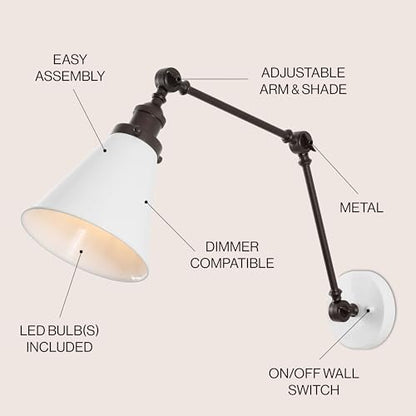 JONATHAN Y Rover 1-Light Wall Sconce 7", White/Oil Rubbed Bronze | Adjustable Arm, Hardwired Bedside Reading Swing Arm, Farmhouse Cone Shade, Metal Hardwired Indoor Fixture, LED Bulbs Included - color: White/Oil Rubbed Bronze, size: Set of 1