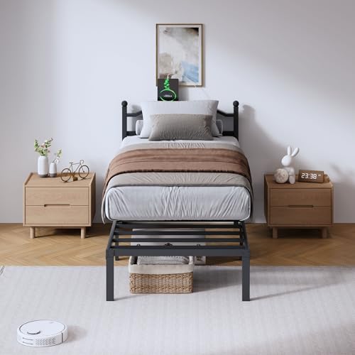 SHOANED Twin Size Bed Frame - 14 Inch Metal Heavy Duty Bedframe with Charging Station Black Basic Steel Slats Platform with Headboard No Box Spring Needed/Easy Assembly - size: Twin, style: 14 Inch with Charging Station