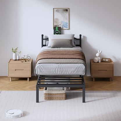 SHOANED Metal Bed Frame with Headboard - 14 Inch Twin XL Size Heavy Duty Bedframe with Charging Station Black Basic Steel Slats Platform No Box Spring Needed/Noise Free - size: Twin XL, style: 14 Inch with Charging Station