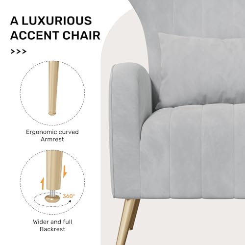 Nebuaegis Light Gray Velvet Accent Chair Set of 4, Wingback Chair for Living Room, High Back Arm Chair with Golden Legs Lumbar Pillow, Upholstered Single Sofa Bedroom - color: Light Gray, size: Set of 4