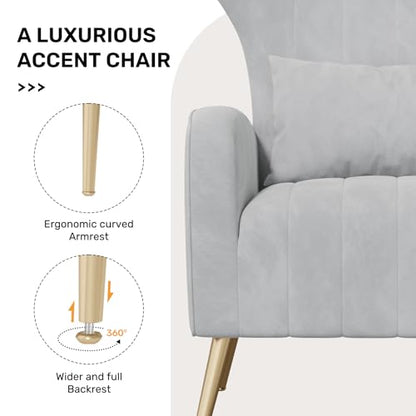 Nebuaegis Light Gray Velvet Accent Chair Set of 4, Wingback Chair for Living Room, High Back Arm Chair with Golden Legs Lumbar Pillow, Upholstered Single Sofa Bedroom - color: Light Gray, size: Set of 4