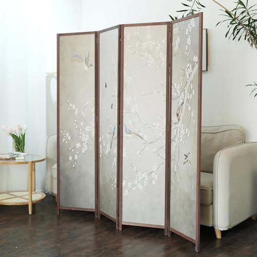 4 Panel Room Divider, 5.6 ft Tall Double-Sided Blackout Folding Privacy Screen – Freestanding Wall Partition with Plums and Birds Scenery for Home Office, Easy Setup (67" H x 63" W) - color: Plums and Birds, size: 4 Panel