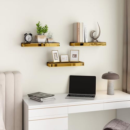 SHYFOY Glass Floating Shelves for Wall, Set of 3, Brass | Display Wall Shelves with Invisible Brackets for Bathroom, Living Room, Bedroom and Kitchen - color: Brass-3pack