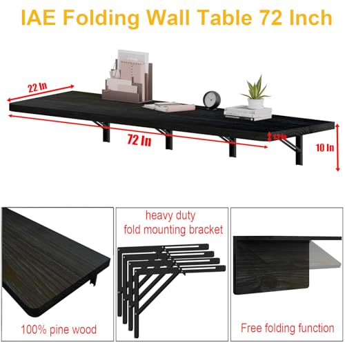 IAE Floating Wall Mounted Folding Table Desk with Pine Wood,72x22in, Black | Foldable Workbench,Fold Down Wall Mounted Foldable Desk with Shelf Brackets,Laundry Folding Table for Home,Dining,Kitchen - color: Black, size: 72*22*10 Inch