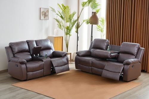 A Ainehome Living Room Furniture Set Leather Recliner Sofa Set Loveseat Chair Furniture Sofa Set for Living Room/Small Space/Rv/House/Office/Theater Seating (A-Brown Leather, Sofa+Loveseat) - color: A-brown Leather, size: Sofa+Loveseat