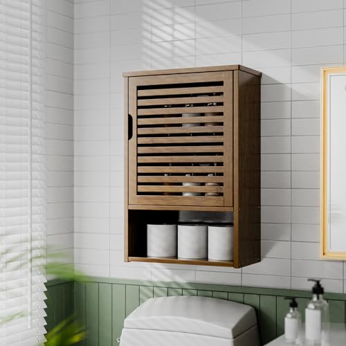 HITNET Medicine Cabinet, Wall Hanging Cabinet with Adjustable Shelf, Bathroom Storage Organizer Over the Toilet with Single Door and Open Bottom Shelf, Walnut - color: Walnut