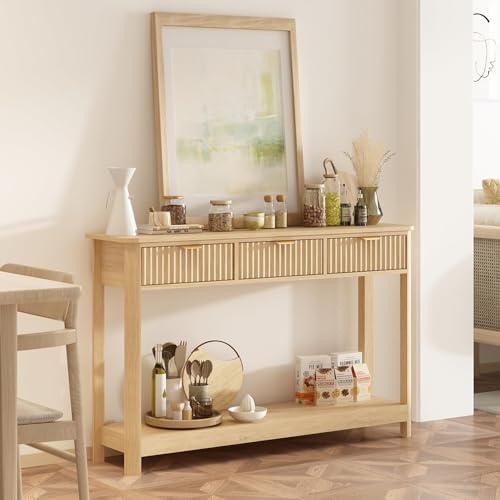 RUSTOWN Fluted Wood Console Table with 3 Drawers, 47.2" Boho Entryway Table | Narrow Behind Couch Sofa Table, Open Storage Shelf, Curved legs, 2 Tier Modern Farmhouse Hallway Table for Living Room, Foyer - color: Natural Wood
