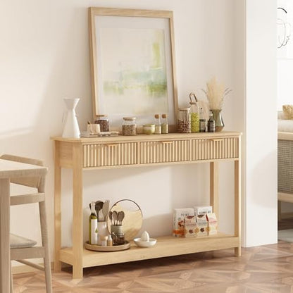 RUSTOWN Fluted Wood Console Table with 3 Drawers, 47.2" Boho Entryway Table | Narrow Behind Couch Sofa Table, Open Storage Shelf, Curved legs, 2 Tier Modern Farmhouse Hallway Table for Living Room, Foyer - color: Natural Wood